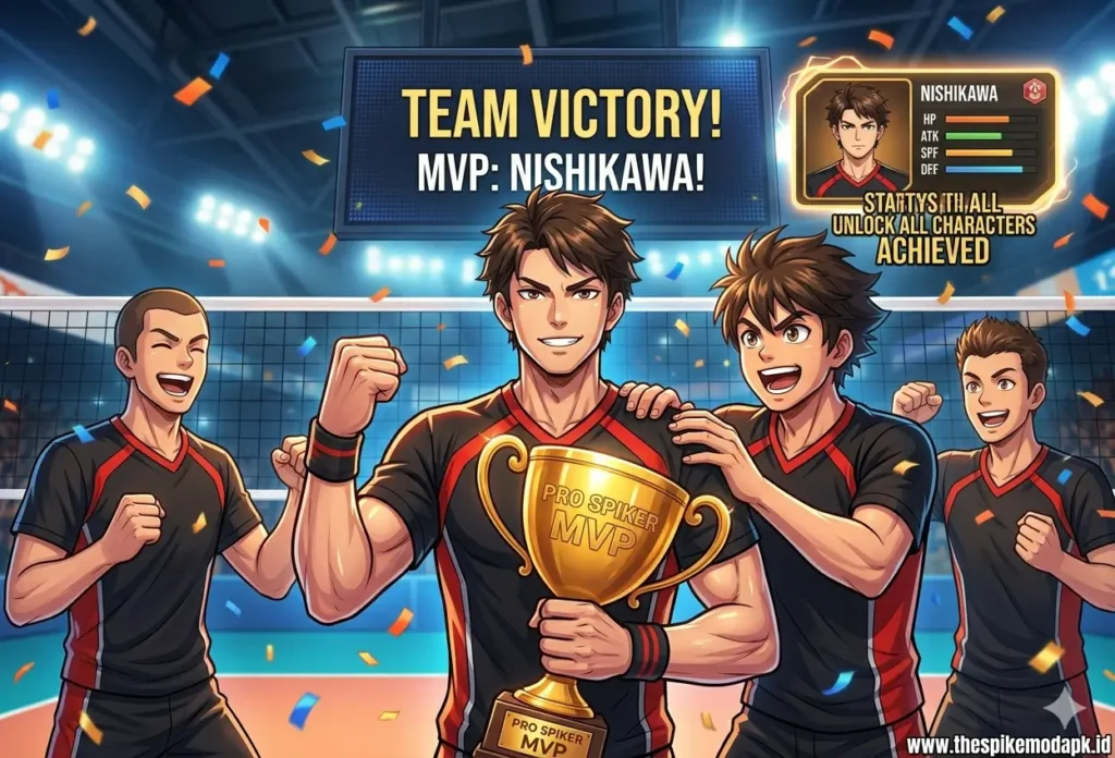High-energy celebration screenshot from "The Spike Volleyball Story". A team of four anime-style players is on a court with confetti falling. The central player, Nishikawa, holds a gold trophy that reads "PRO SPIKER MVP." The digital scoreboard reads "TEAM VICTORY!" and "MVP: NISHIKAWA!". An inset in the top right shows character stats and the text "UNLOCK ALL CHARACTERS ACHIEVED".