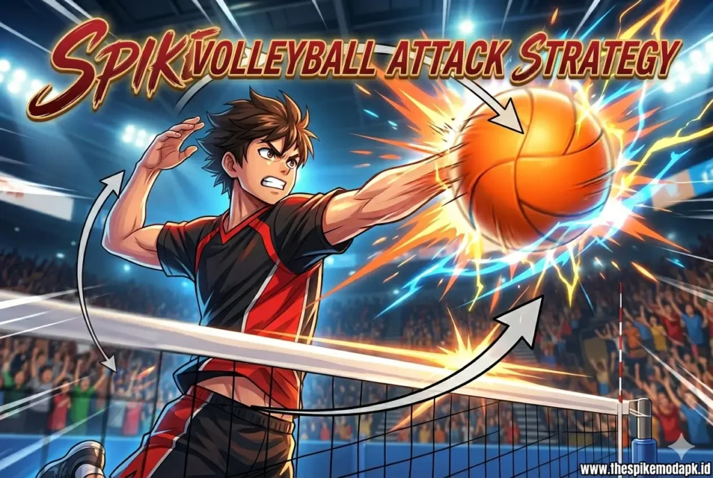 A poster-style illustration titled "SPIKE VOLLEYBALL ATTACK STRATEGY". An anime-style volleyball player in a black and red uniform is in mid-air, powerfully striking a volleyball that glows with intense orange and blue energy effects. Two large, curved grey arrows indicate the ball's powerful trajectory over the net.