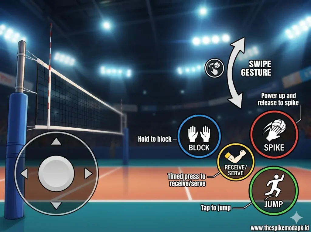 On-screen controller layout for "The Spike Volleyball Story". Left side has a circular movement D-pad. Right side shows labeled icons for 'Hold to block', 'Power up and release to spike', 'Timed press to receive/serve', and 'Tap to jump', each with unique colors and icons. An arrow indicates the required swipe gesture for serving.