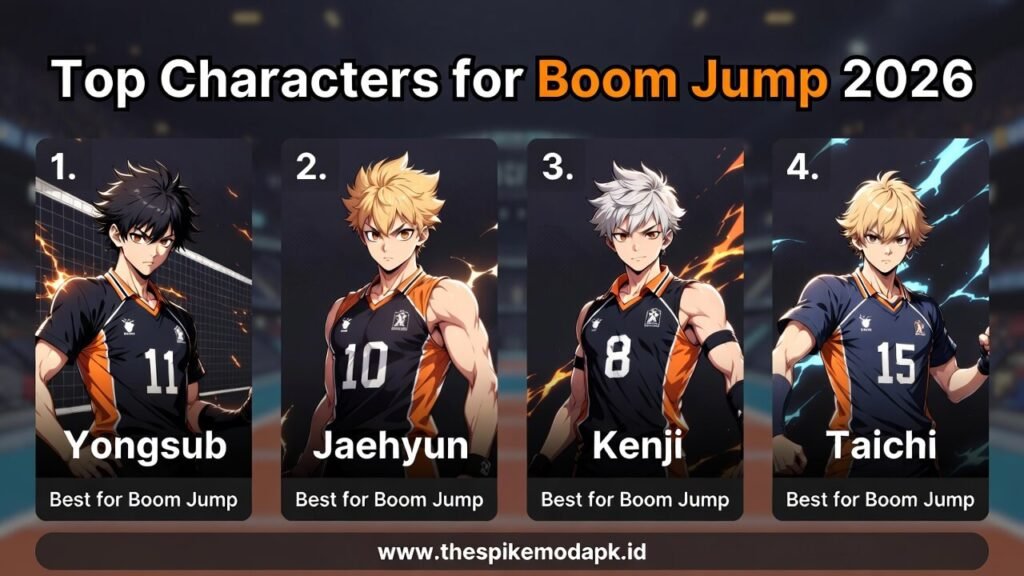 Top characters for boom jump in The Spike including Yongsub, Jaehyun, Kenji, and Taichi with high jump and spike abilities
