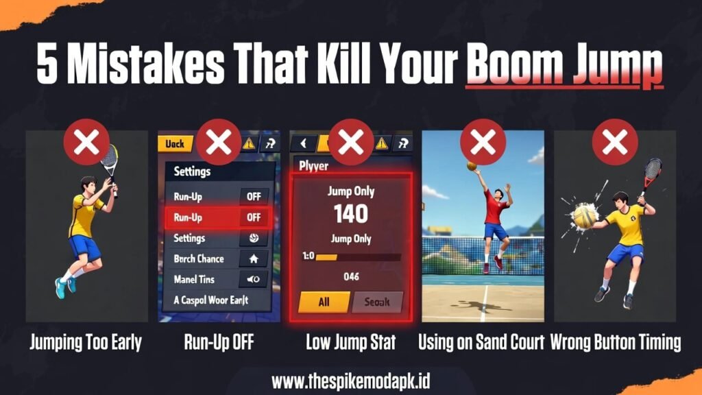 Common mistakes that prevent boom jump in The Spike including early jumping, run-up off, low jump stats, sand court play, and wrong timing