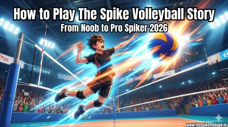 How to Play The Spike Volleyball Story From Noob to Pro Spiker in 2026 10 Dynamic anime illustration of "The Spike Volleyball Story" gameplay. A male character in a red and black uniform executes a high-jump spike over a net. Text overlay reads: "How to Play The Spike Volleyball Story" and "From Noob to Pro Spiker 2026". A glowing volleyball with orange and blue energy is shown in a packed stadium.