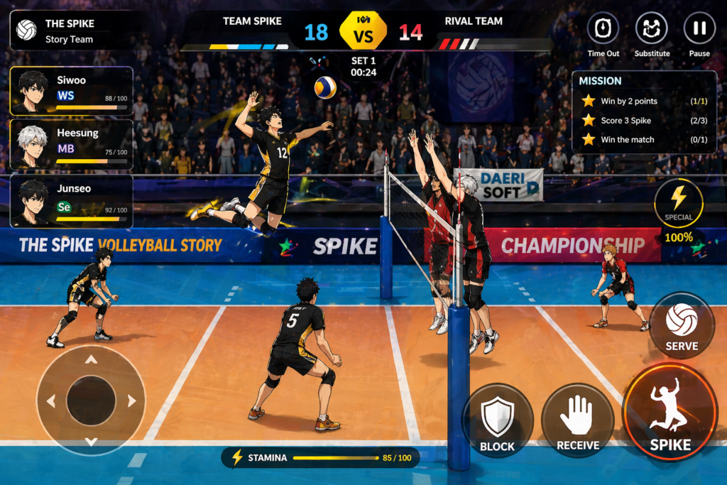 the spike volleyball story gameplay controls mobile game interface spike block serve scoreboard anime volleyball game