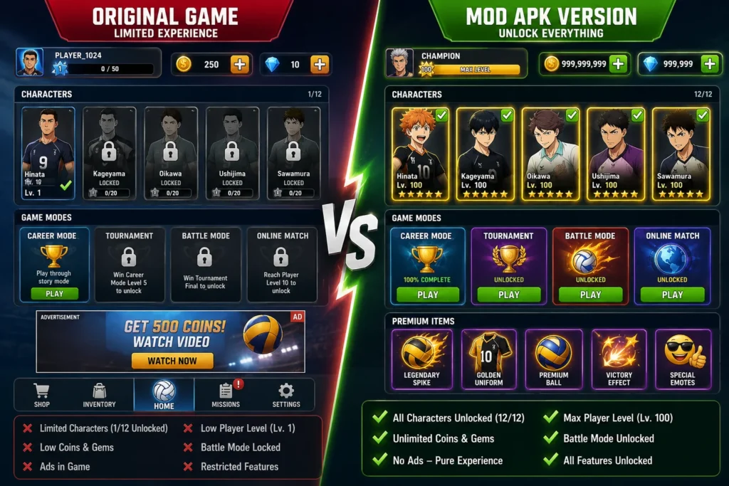 The Spike Mod APK – Unlock All Characters, Unlimited Money & Max Level (2025) 3 The Spike Mod APK vs original game comparison with unlimited money and unlocked characters