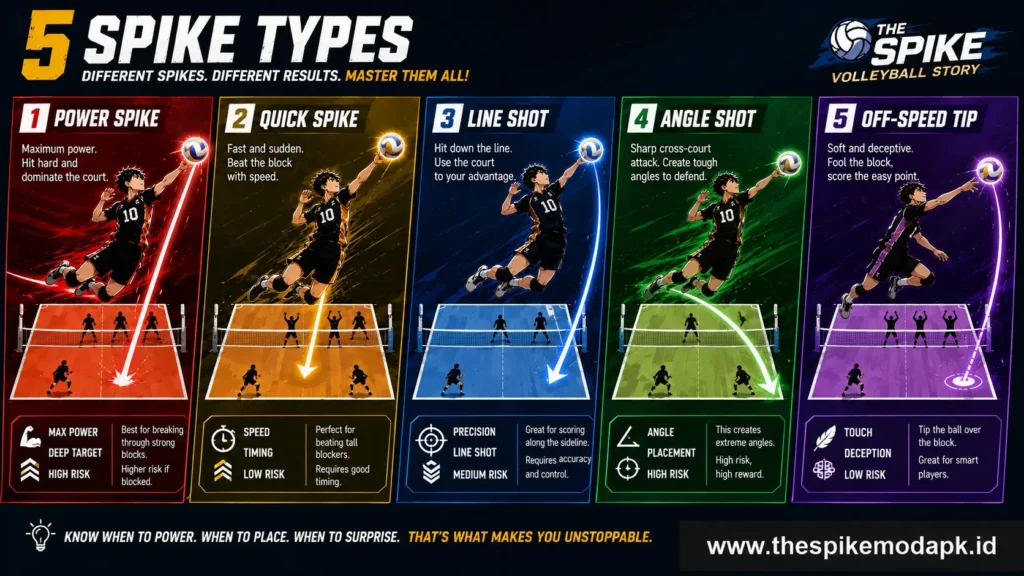 The Spike Volleyball Story Expert Spiking Guide (2026) 2 Five spike types — power, quick, line, angle and off-speed — in The Spike Volleyball Story