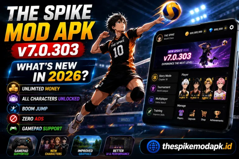 The Spike Mod APK v7.0.303 Download (2026) — Unlock All Characters, Unlimited Money & What's New 2 The Spike Mod APK v7.0.303 download showing new 2026 update features including unlimited money, unlocked characters, Boom Jump and gamepad support