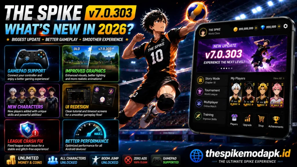 The Spike v7.0.303 update showcasing gamepad support, improved graphics, new characters, and performance enhancements