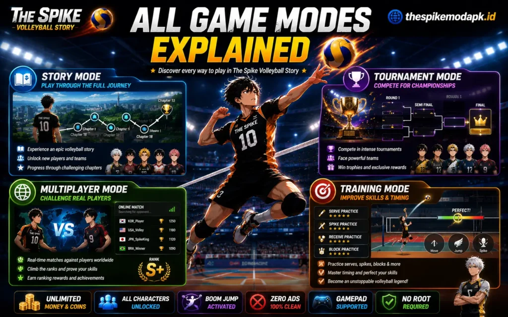 The Spike Volleyball Story game modes including Story Mode, Tournament Mode, Multiplayer Mode, and Training Mode