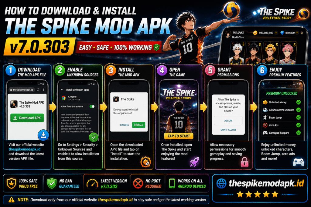 Step by step installation guide for The Spike Mod APK v7.0.303 showing download, setup, permissions, and premium features activation
