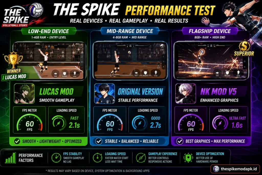 The Spike Lucas Mod vs NK Mod vs Original Which One Should You Actually Play? 2 Performance comparison of The Spike Lucas Mod, NK Mod and Original version on different Android devices.