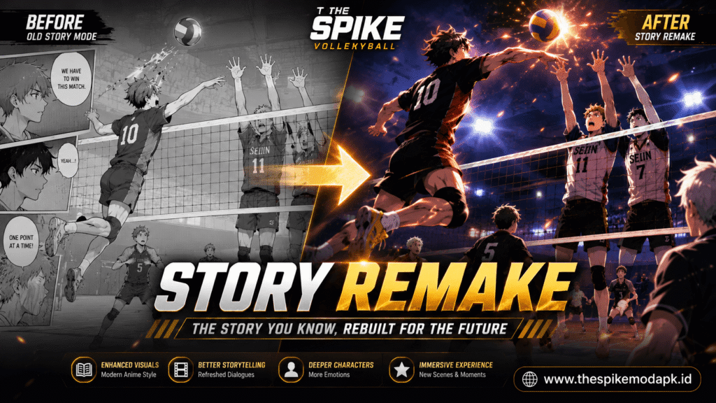 The Spike Volleyball story remake comparison showing old manga-style scenes upgraded into modern anime visuals.