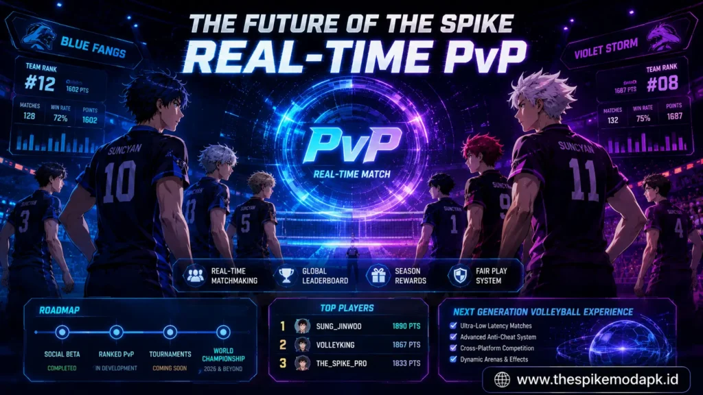 The Spike real-time PvP update showing competitive volleyball teams, rankings, matchmaking and future esports features.