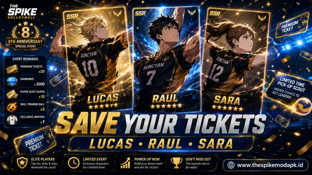 The Spike Volleyball event featuring Lucas, Raul and Sara character reruns with anniversary rewards and premium tickets.
