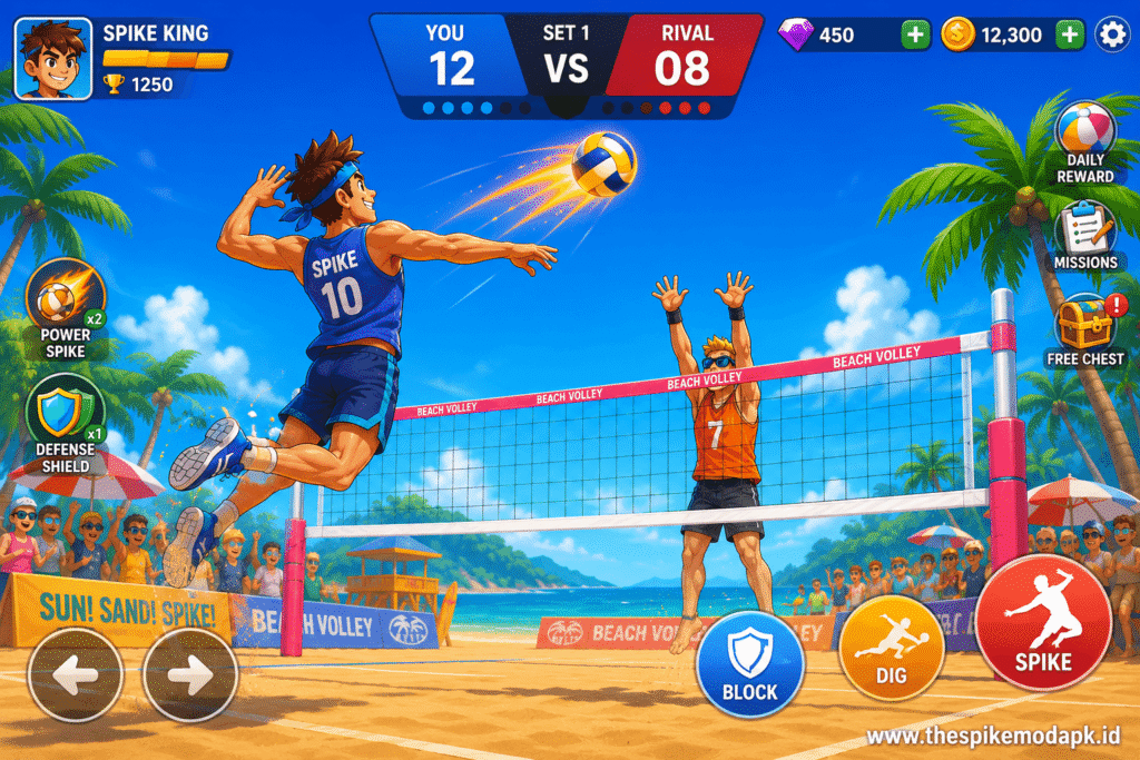 The Spike MOD APK vs Beach Volleyball MOD APK: Which One Actually Wins in 2026? 1 Beach Volleyball MOD APK gameplay on Android showing sandy court and player spiking