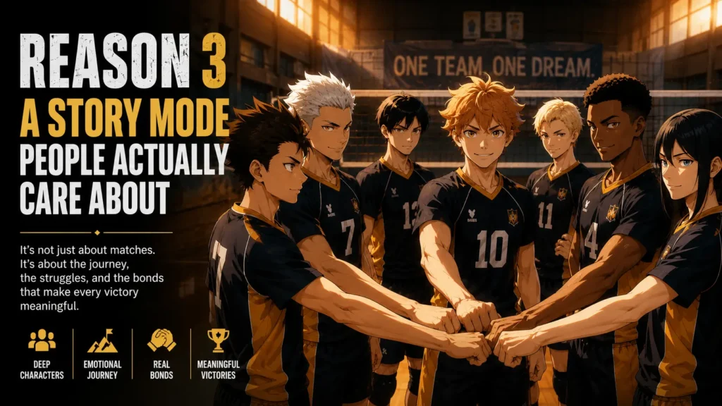 Why The Spike Volleyball Story Is Popular (2026 Guide) 3 Anime-style volleyball team characters representing The Spike story mode