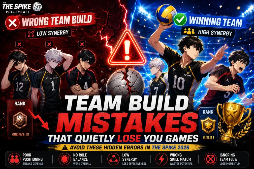 Best Team Build The Spike Volleyball 2026: Top Tier Setup 2 The Spike Volleyball 2026 team build mistakes guide showing common lineup errors, poor team synergy, and the correct winning team setup.