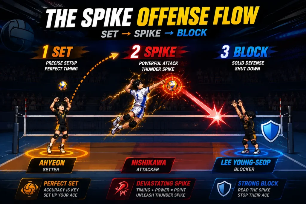 The Spike Best Attackers 2026 Tier List, Stats, and How to Unlock Them 2 Diagram of the best team combo in The Spike 2026 showing
