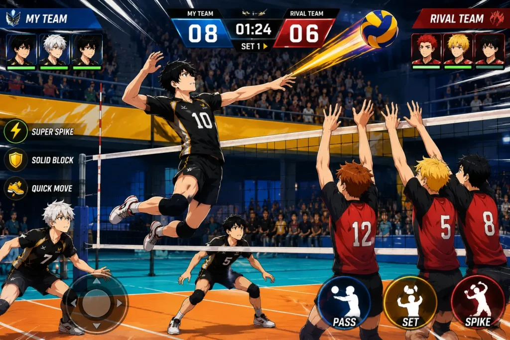 The Spike Volleyball Story 3v3 anime team gameplay on a mobile screen