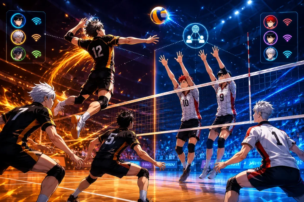 The Spike Volleyball Story multiplayer setup with two players facing off in a 3v3 anime volleyball match