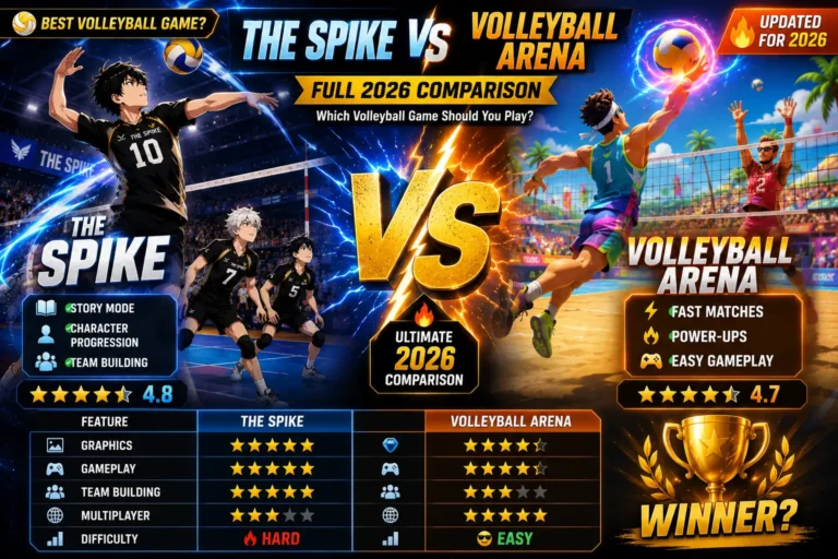 The Spike vs Volleyball Arena Which Volleyball Game Wins in 2026? 3 The Spike vs Volleyball Arena full 2026 comparison showing gameplay, graphics, team building, multiplayer features, and overall mobile volleyball game differences.