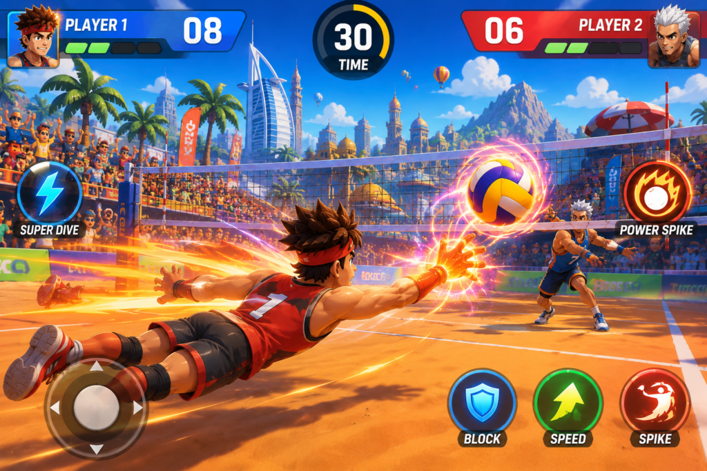 Volleyball Arena Spike Hard 1v1 arcade match with power-ups on mobile