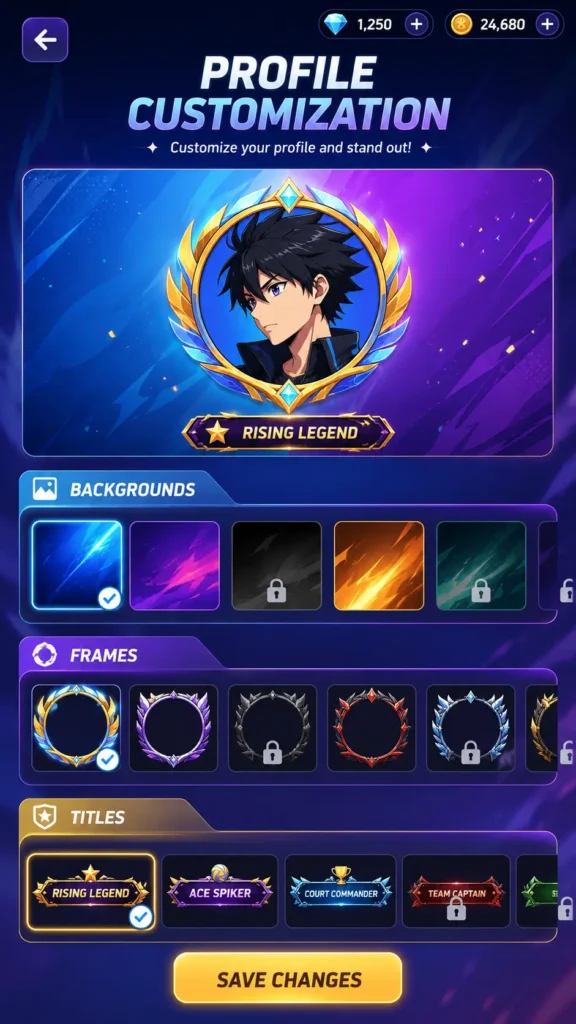The Spike July Update 2026: Full Patch Notes, Events & New Features 1 Mobile game profile customization screen featuring avatar backgrounds, decorative frames, unlockable titles, and customizable player profile options.