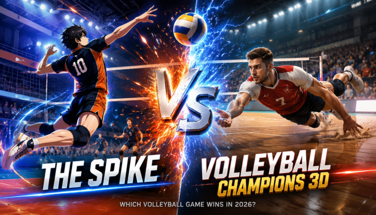 The Spike vs Volleyball Champions 3D: Which Volleyball Game Wins in 2026? 2 Side-by-side comparison of The Spike and Volleyball Champions 3D showing anime-style gameplay versus realistic 3D volleyball action.