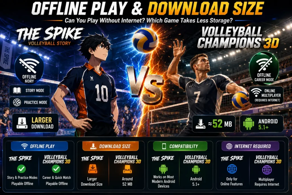 The Spike vs Volleyball Champions 3D: Which Volleyball Game Wins in 2026? 1 Gameplay comparison between The Spike Volleyball Story and Volleyball Champions 3D featuring story mode and realistic volleyball matches.